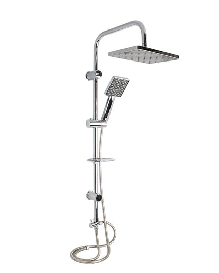 عامود دش 2 × 1 بطاسة علوية مستطيلة مقاس 26 × 16 سم و سماعة جانبية مقاس 10 سم و الخرطوم و الصبانة و المحول و طقم التثبيت اللون كروم في رمادي من روكا الشايب