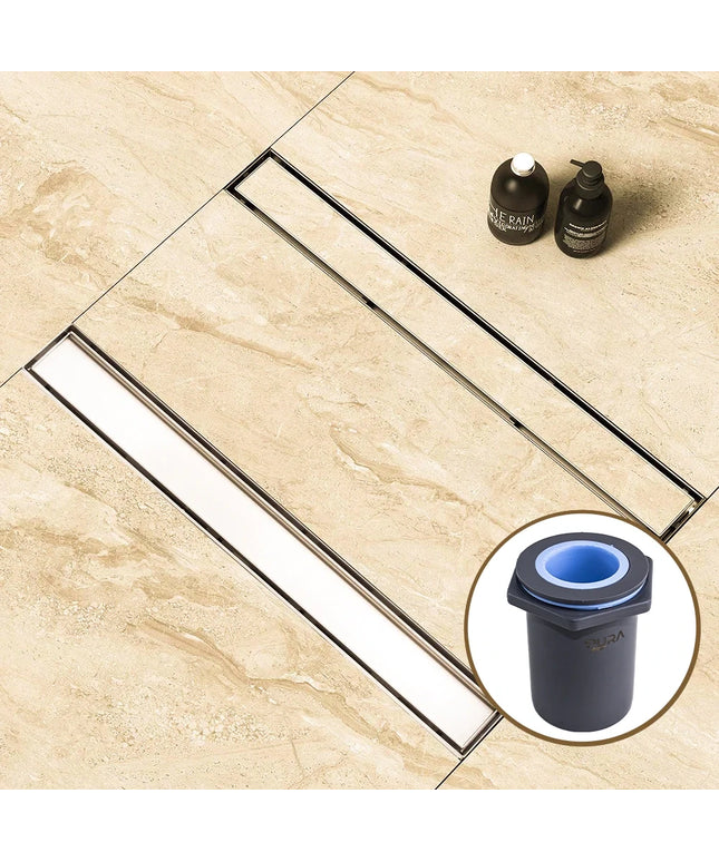 مجرى شاور / بيبة شاور مقاس 60 سم ستانليس ستيل بسُمك 1 مم بغطاء مفرغ للأستخدام مع نفس شكل البلاطة المستخدم بمجموعة الصرف DL-11-60 من بيورا