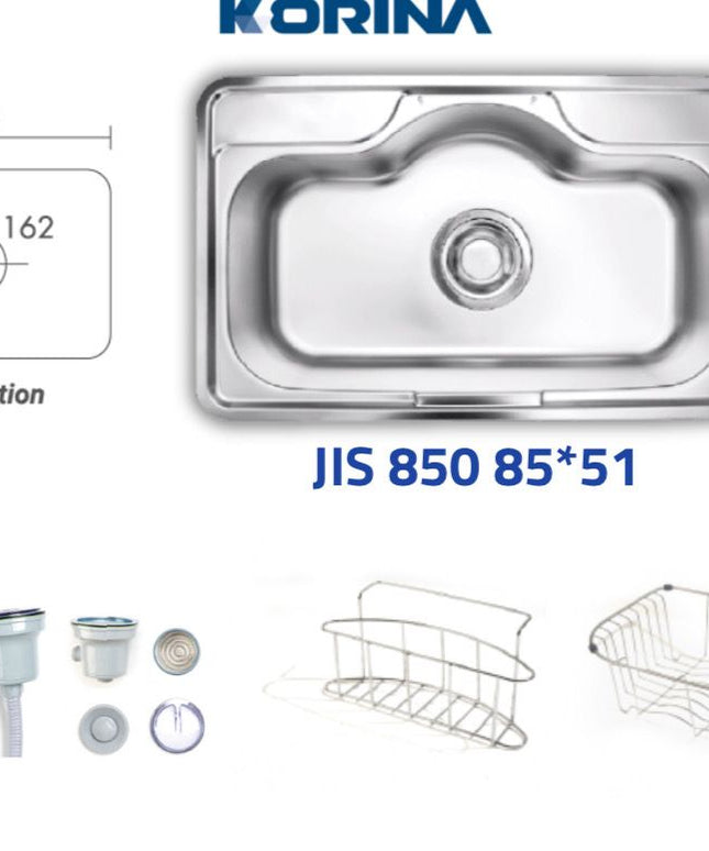 حوض-حله مقاس 85 × 52 × 20 سم شفه فلات سُمك 0.8 مم بالصرف 6 بوصة من كورينا