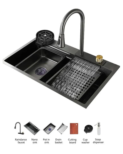 حوض مطبخ سمارت ستانلس بطبقة نانو سيراميك مقاس 75×45 سم شلال وخلاط شداد 3 نظام بالقورمة والمصفاة وسلة خضروات ومغسلة أكواب ومجموعة صرف اللون رمادي غامق