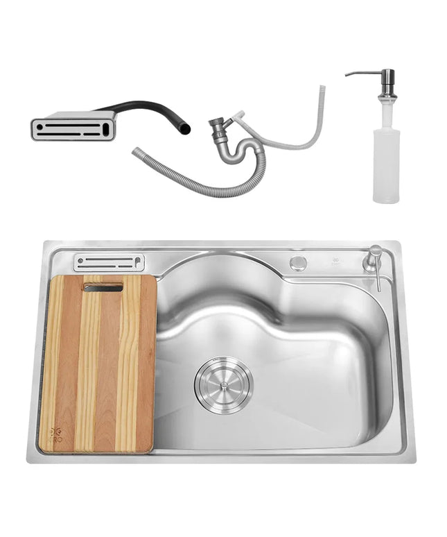 حوض مطبخ سيفين ستيل ٨٠*٥٠ سم شامل الصرف و ديسبنسر صابون مصري استانلس ٣٠٤