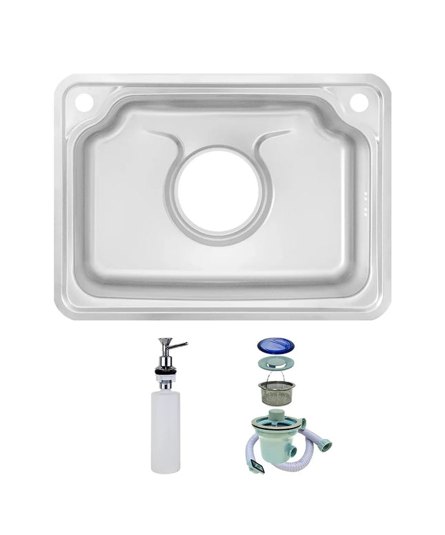 حوض - حله مطبخ كورى ISS 630 مقاس 63 × 46 سم عمق 19 سم سُمك 0.8 مللى مع ضاغط صابون بفتحة للخلاط بالصرف 6 بوصة من كورينا